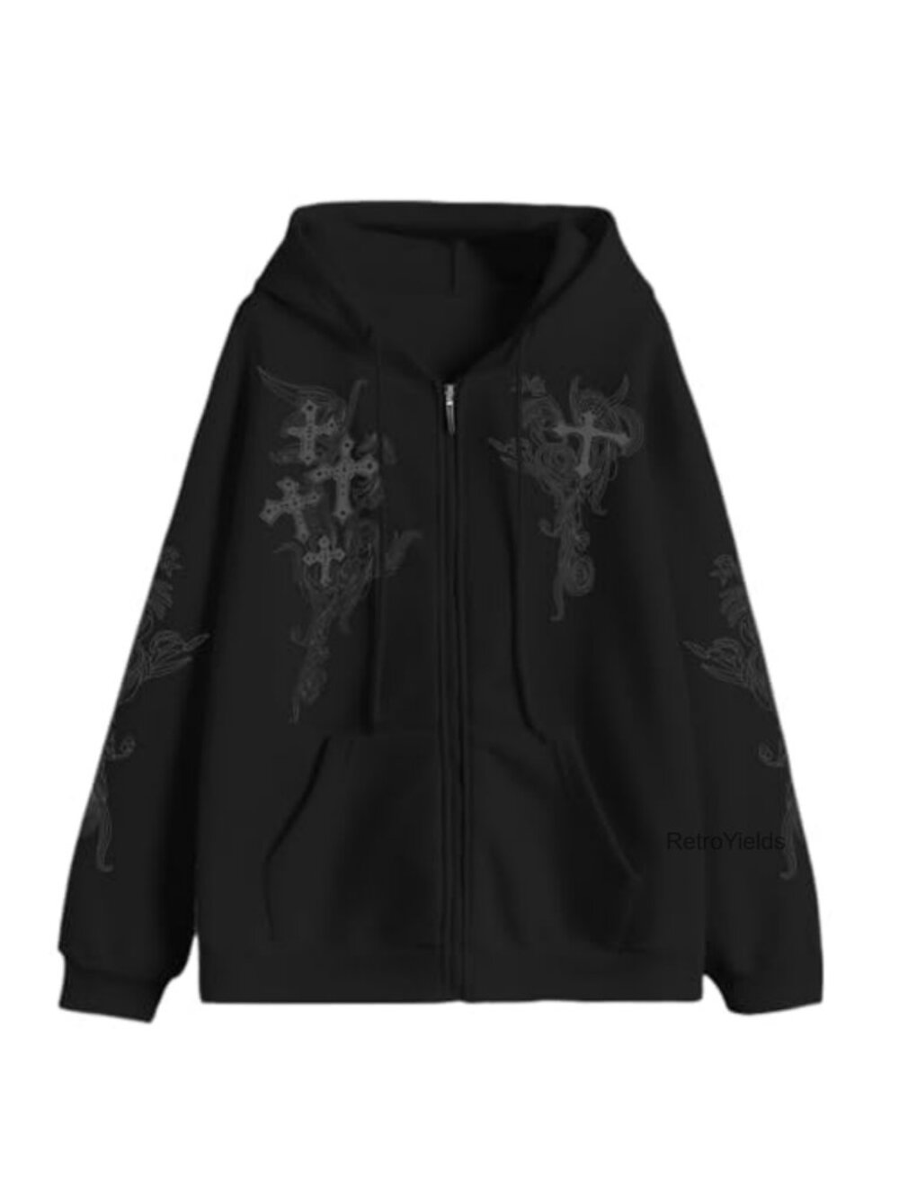 Y2K Zip Up Hoodie Gothic Cross Graphic Grunge Streetwear Baggy Oversized Emo